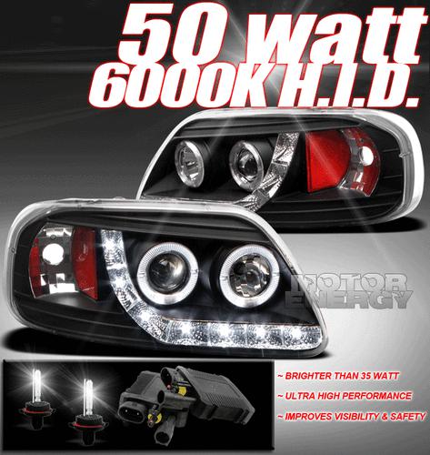 1997-2003 f150/2002 expedition halo drl led black projector headlight+50w 6k hid