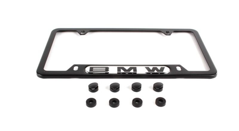 "bmw" black license plate frame kit - raised "bmw" - genuine factory oem item