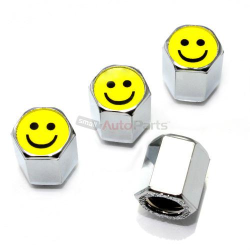 (4) smile happy face logo chrome abs tire/wheel stem pressure valve caps covers