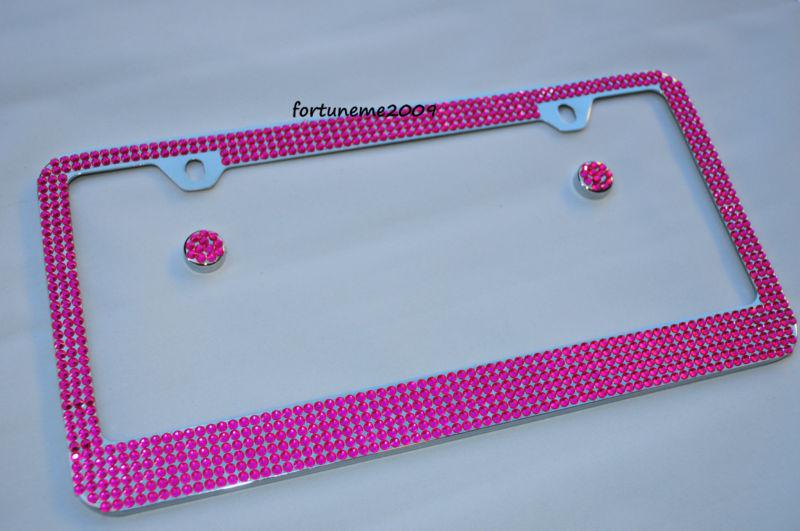 2 x bling bling pink diamond  rhinestone crystal metal license plate frame new