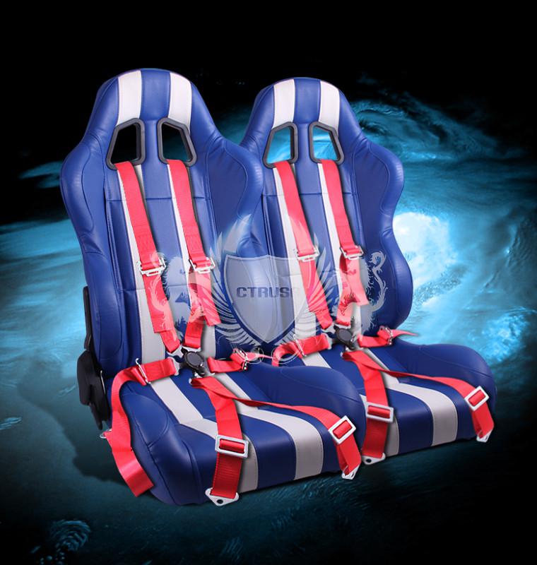 2x universal blue/white stripe vinyl racing seats+6-pt red camlock harness seat