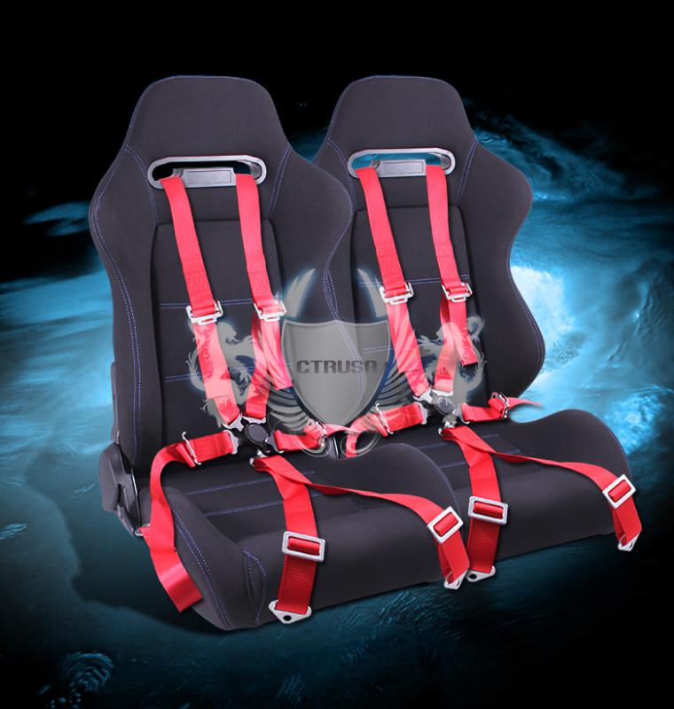 2x jdm f1 black fabric racing seats blue stitch  w/sliders+6-pt red camlock belt