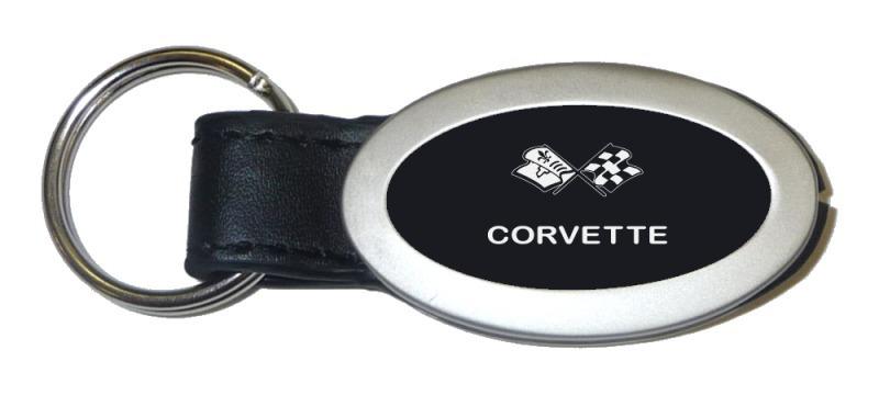 Chevrolet chevy corvette c3 black oval leather key chain ring tag logo lanyard