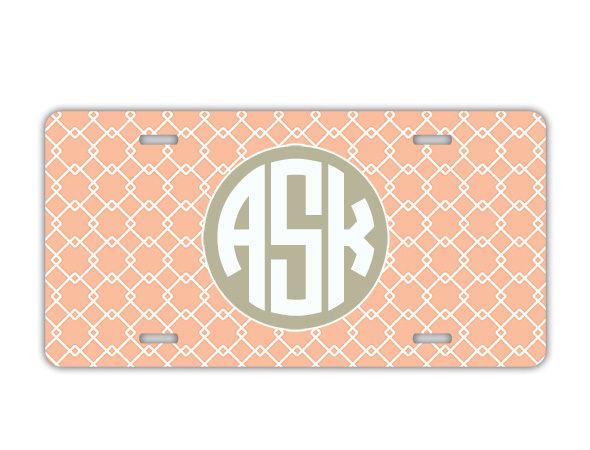 Personalized car license plate - coral print gray - monogrammed car tag (9910)