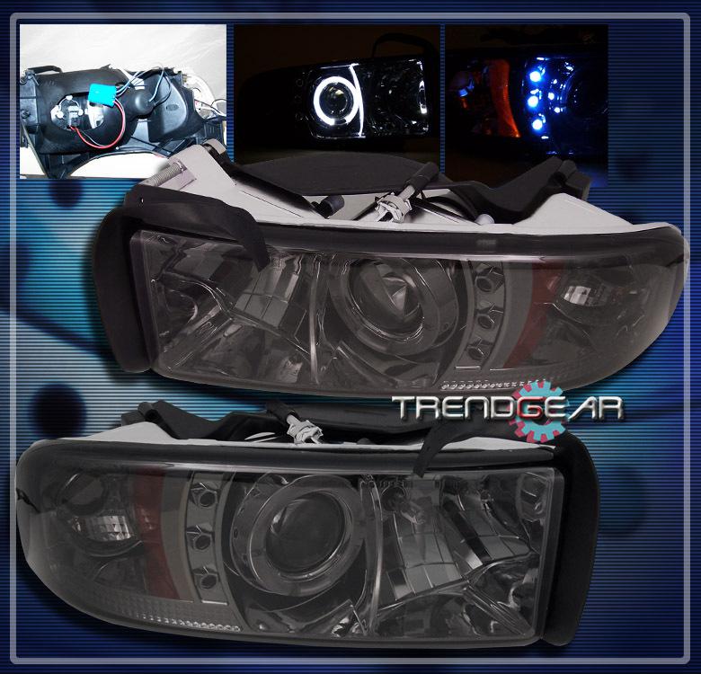 94-01 dodge ram halo led projector headlight lamp smoke 95 96 97 98 99 00 pickup