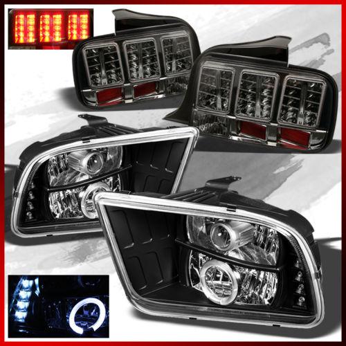 05-09 ford mustang halo led projector black headlights+led smoked tail lights