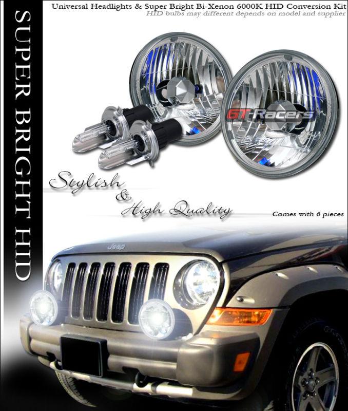 6000k hid bi-xenon 7" diameter diamond round chrome head lights lamps lh+rh gg