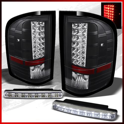 07-13 silverado pickup black led tail lights+ 8led drl daylight led pair combo