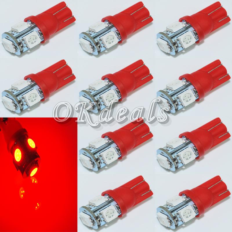 10 pcs t10 0.5w 30lm 5-smd 5050 led red light car bulb - red 