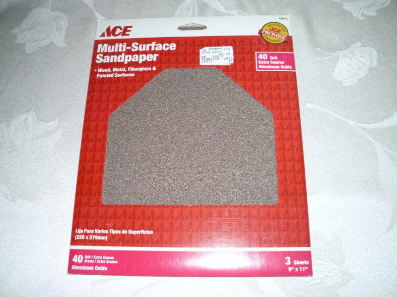 Ace 9"x11" 40 grit dry sheet sandpaper, non-sticky backed. 22 - 3 pks, 66 sheets