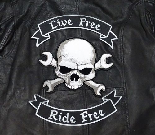 Live free ride free top bottom rocker with skull wrench 3pc back patch