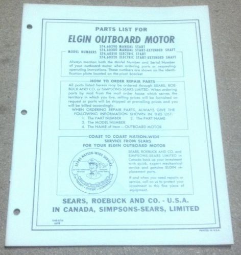 Vintage elgin outboard motor owners manual &amp; part list - sears model #574,60290