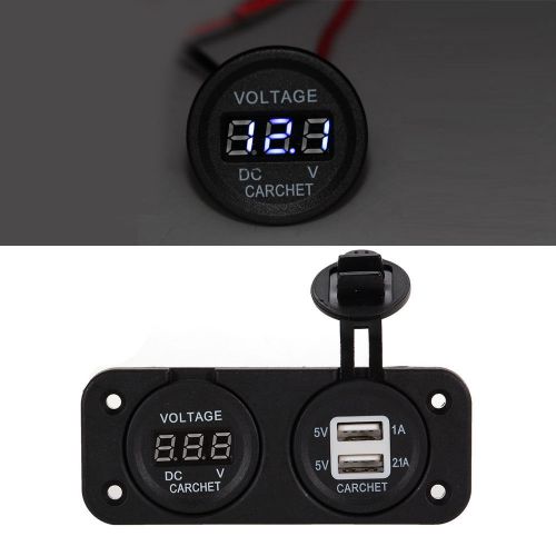 Carchet dc 6-30v car motorcycle blue led digital voltmeter meter 2 usb charger