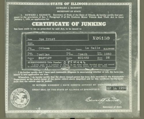 Rare 1930 pontiac coach certificate of junking state issued document