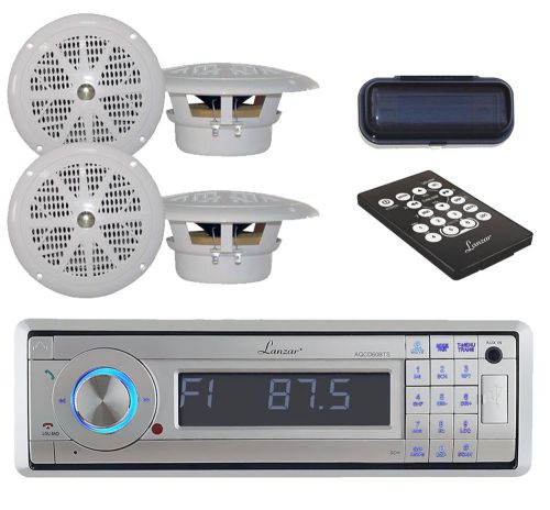 In dash marine boat cd/mp3/usb receiver w/bluetooth+ 4 x 4&#034; white speakers,cover