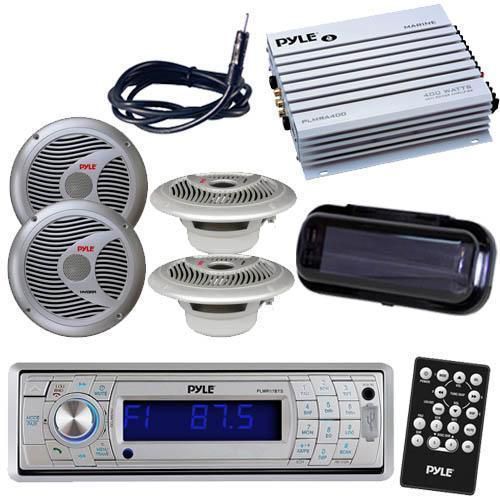 Boat marine am/fm radio mp3 sd receiver/ bluetooth 400w amp 4 speakers cover pkg