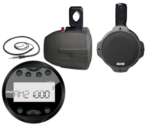 Marine bluetooth aux am fm black radio, antenna, black 6.5&#034; wake board speakers