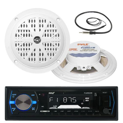 Plmrb29b black aux usb marine radio, marine antenna, 5.25&#034; white 100w speakers