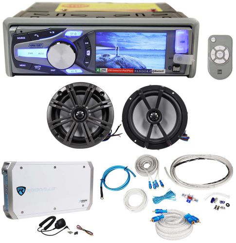 New! dual am615bt marine receiver+4) kicker 6.5” boat speakers+4 ch. amp+amp kit