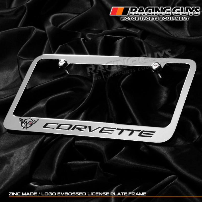 Corvette chrome license plate frame+screw black font flag logo chevy c5 97-04 03