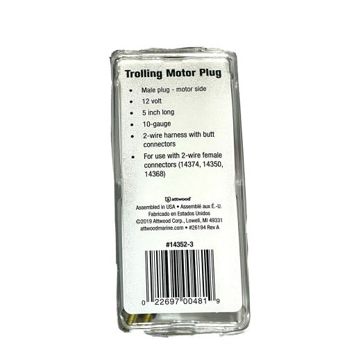 Attwood 14352-3 trolling motor connector 12 volt 10-gauge male plug-motor side