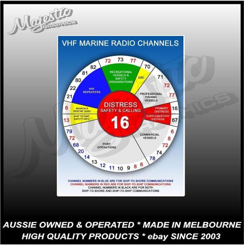 Vhf marine radio channels - 140mm x 110mm  - marine safety - decal / sticker