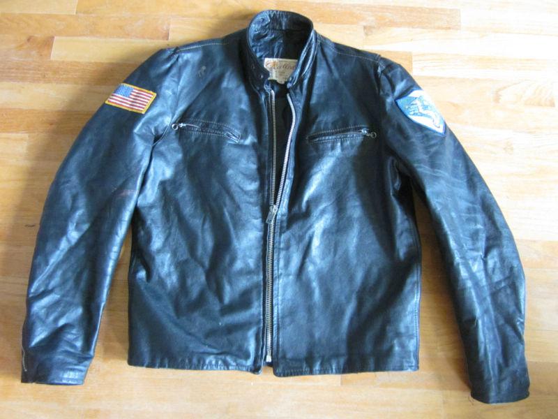 Vintage black leather excelled cafe motorcycle biker jacket *blue knights* 42