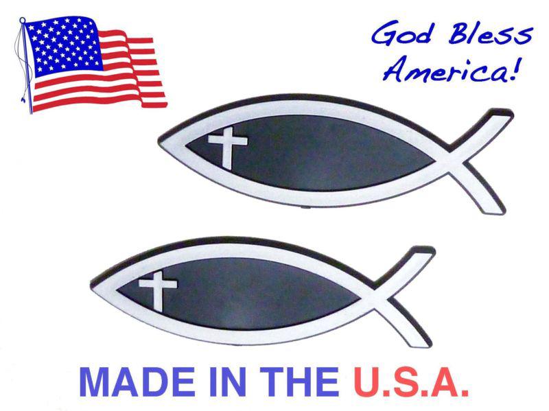 2 christian fish emblems with simple cross 5.5" for your auto, car, truck ...