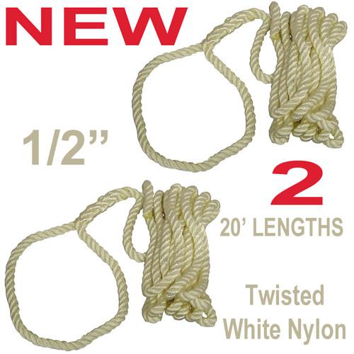 2 new 20' twist 1/2" nylon dock line,twisted marine boat tow rope,white