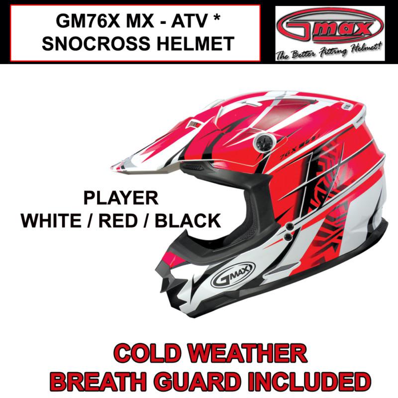 Gmax gm76x 2013 mx atv snocross helmet player red (s,m,l,xl,2x,3x) nib