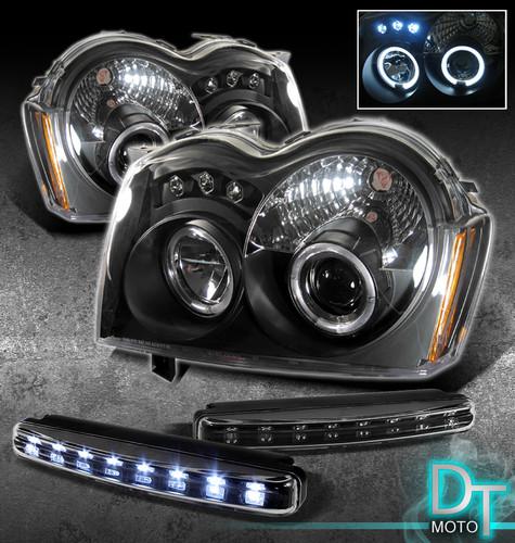 Drl led bumper fog lamps+ 05-07 grand cherokee halo black projector headlights