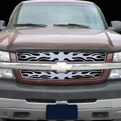 Chevy silverado hd 03-04 horizontal flame polished stainless truck grill add-on