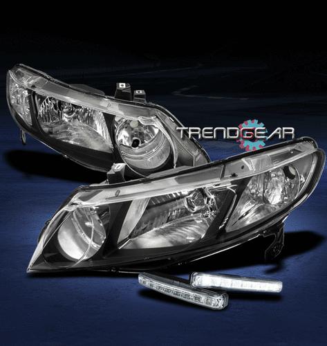 06-11 honda civic sedan 4dr crystal jdm black head lights+led drl dx ex gx lx si