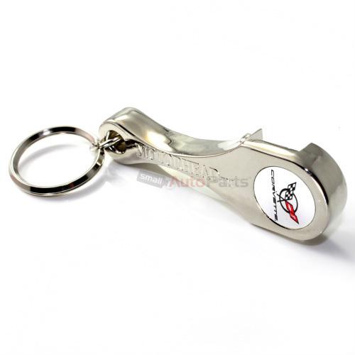 Chevy corvette c5 logo chrome metal rod & bottle opener key chain ring fob