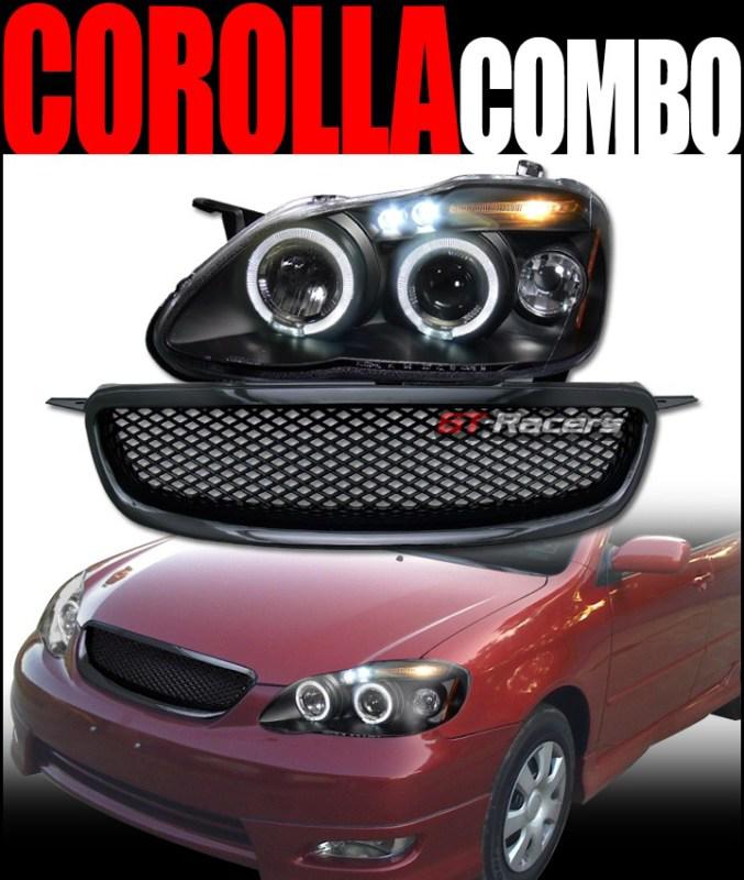 Blk halo led projector head light+front mesh hood grill grille 2003-2004 corolla