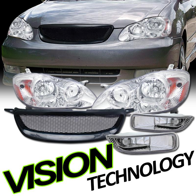 03-04 corolla chrome housing clear lens head lights+fog lamps+aluminum grille