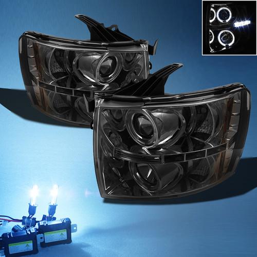 8000k xenon hid+smoked 07-13 silverado dual halo projector drl led headlights