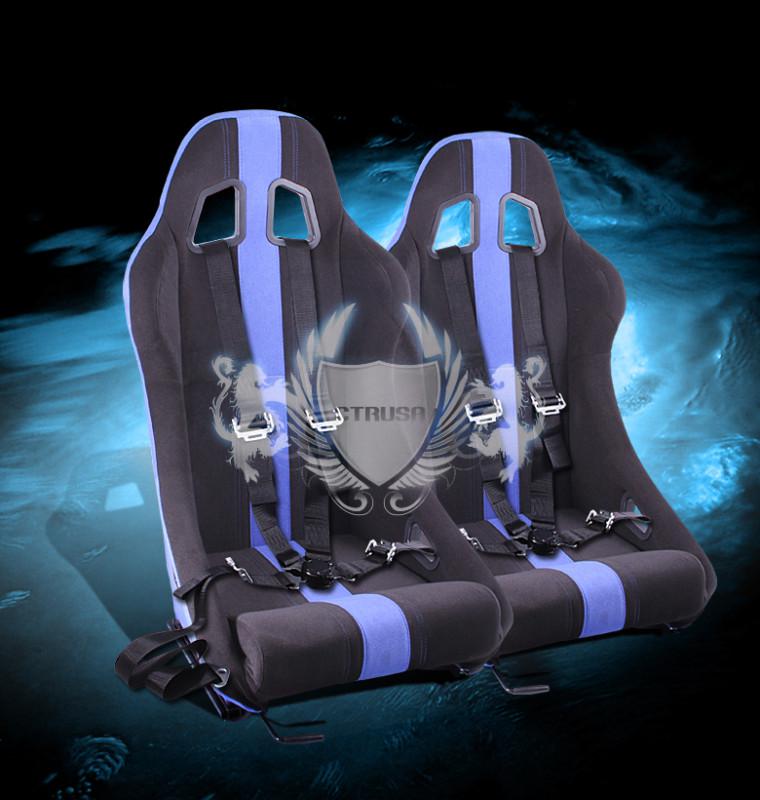 2x universal black/blue stripe racing bucket seats fabric +4-pt camlock harness