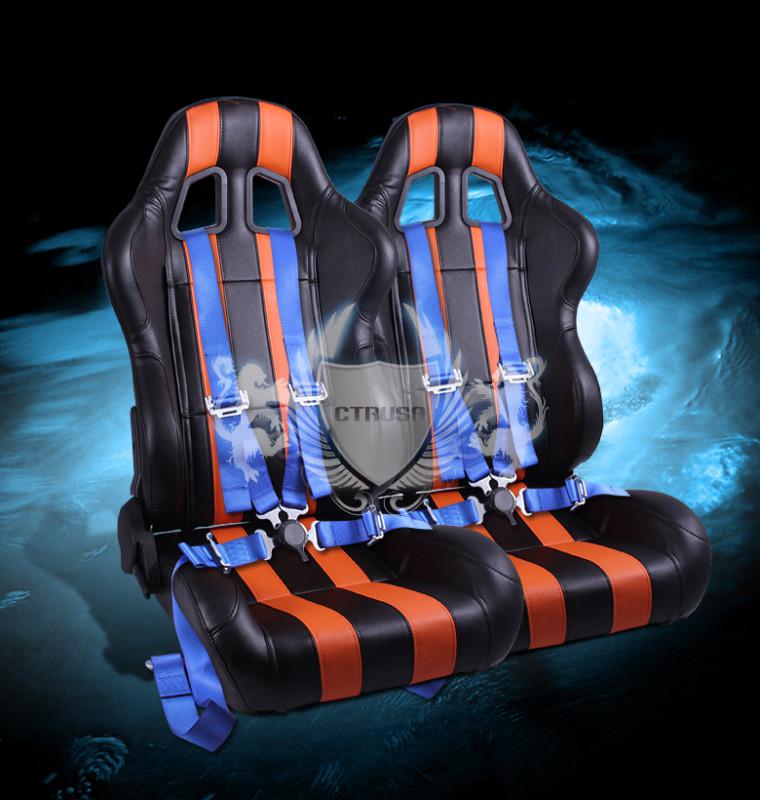 2x jdm f1 black/orange stripe racing seat w/sliders+4pt blue camlock buckle belt