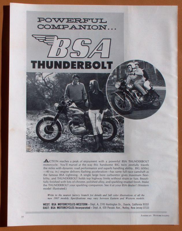 1104   two different 1967 bsa motorcycle ads! thunderbolt + rare bsa helmets ad!