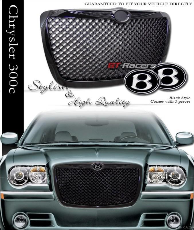 Blk luxury mesh grill grille abs+front hood+rear trunk emblem 04 05-10 300 300c