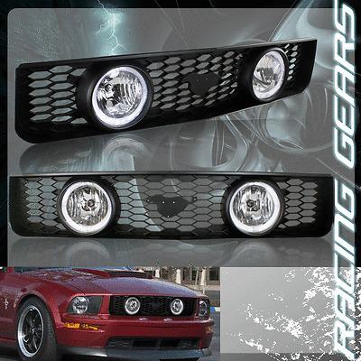 05-09 ford mustang v6 abs plastic mesh grille dual halo chrome fog lights lamps