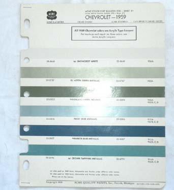 1959 chevrolet  acme   color paint chip chart all models original 