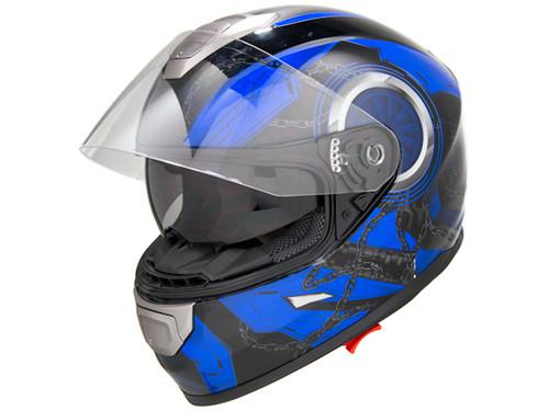 Snowmobile atv utv 4x4 mx - gloss blue/black dot full face helmet dual visor xl