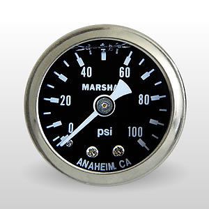 Marshall gauge 0-100 psi 1.5&#034; diameter liquid 1/8&#034; npt black fuel pressure gauge