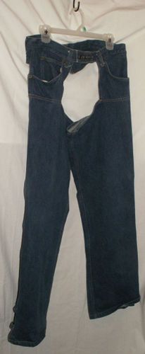 Denim chaps / pants / zippers &amp; buckles / usa by road / sz 34&#034; x 32&#034;