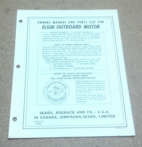 Vintage elgin 3.6 hp outboard motor owners manual &amp; part list - sears 574-60000