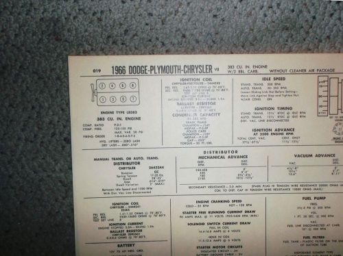 1966 dodge plymouth chrysler eight series models 383 ci v8 2bbl tune up chart