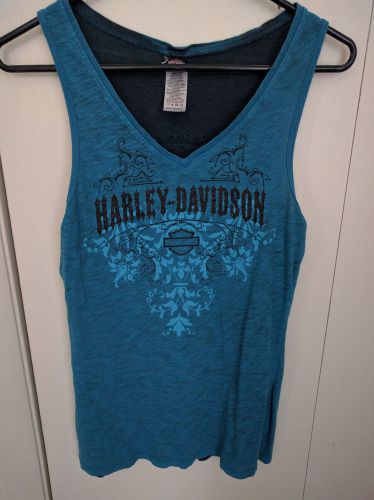 Harley davidson womens turquoise tank top with black glitter accents size s