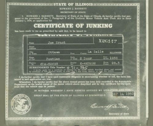 Rare 1938 pontiac 2 door certificate of junking state issued document